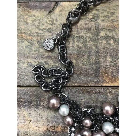 Gray & Brown Faux Pearls & Rhinestones Chain Fringe Necklace Adjustable 17"-20" - Picture 3 of 4